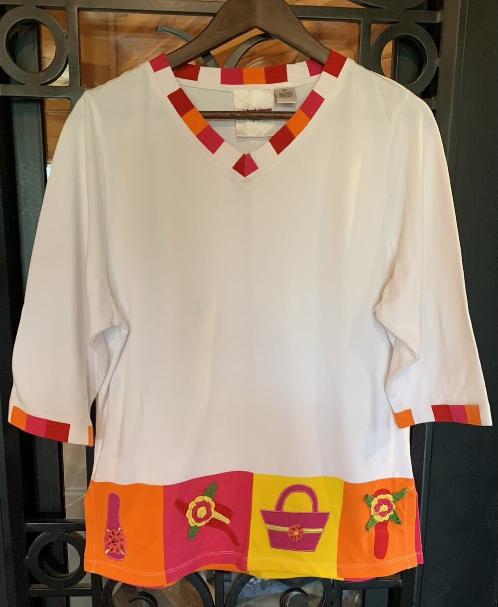 MICHAEL SIMON Light Vintage 90s Embroidery Beaded Jersey Knit Top L